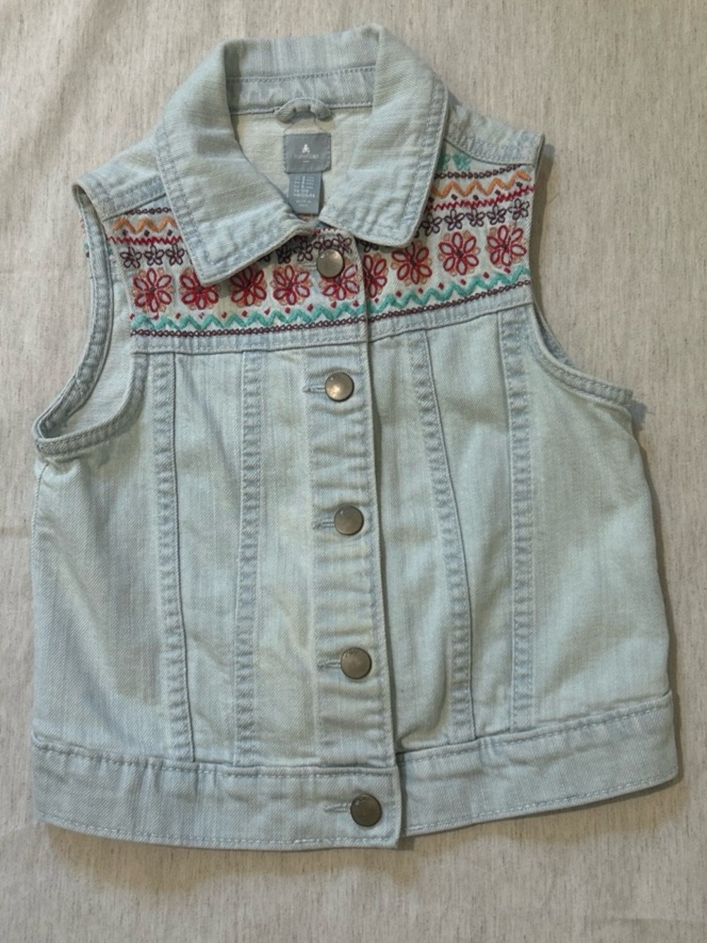 GAP Light Wash Denim Vest with Multicolor Floral Embroidery